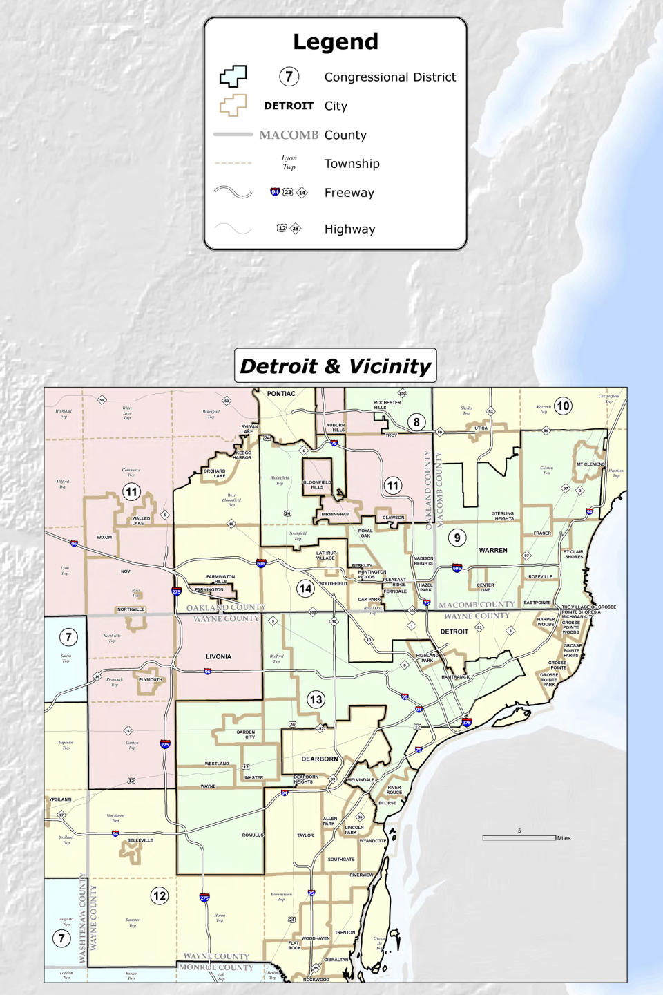 This 2011 map provided online by the state of Michigan shows Detroit-area congressional districts. Federal judges ruled Thursday, April 25, 2019, that Michigan must redraw gerrymandered congressional and legislative districts for the 2020 election because Republicans configured them to unconstitutionally guarantee their political dominance and dilute the power of Democratic voters. (State of Michigan via AP)