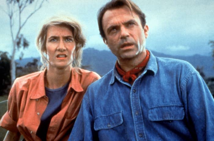 Laura Dern and Sam Neill as Ellie Sattler and Alan Grant in "Jurassic Park"