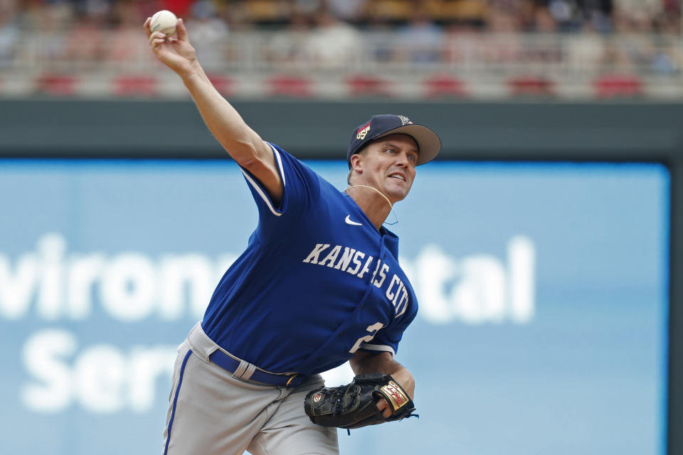 Kansas City Royals starting pitcher Zack Greinke throws to the Minnesota Twins in the first inning of a baseball game Tuesday, July 4, 2023, in Minneapolis. (AP Photo/Bruce Kluckhohn)