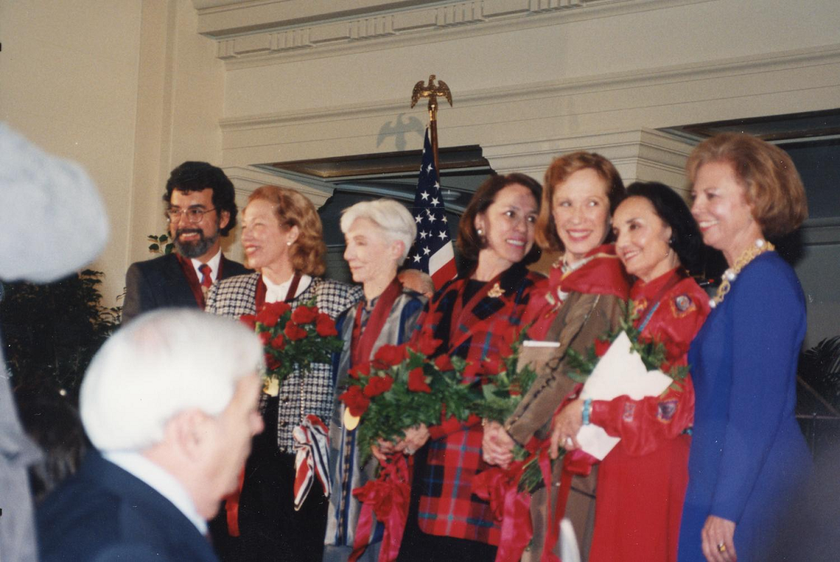 Oklahoma's five Native American ballerinas, known as the "Five Moons," pose with Chickasaw artist Mike Larsen, left, and Oklahoma Arts Council Executive Director Betty Price, right, at the state Capitol on Oct. 14, 1997. From left are Larsen, Yvonne Chouteau, Rosella Hightower, Maria Tallchief, Marjorie Tallchief, Moscelyne Larkin and Price.