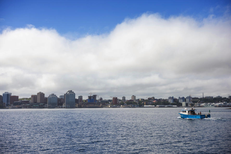 A research team travels by boat to collect samples off Halifax, Nova Scotia. (Riley Smith for NBC News)