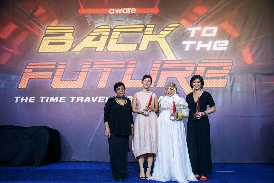 From left to right: AWARE's founding member Dr Kanwaljit Soin, Monica Baey, Liyana Dhamirah and Associate Professor Teo You Yenn at AWARE’s annual gala on 2 November, 2019. (PHOTO: Studiokel Photography)