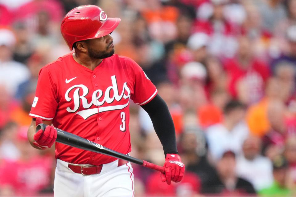 Jeimer Candelario, here reacting after striking out in the second inning, popped out with two outs and the bases loaded in the bottom of the ninth inning of the Reds 1-1 loss.