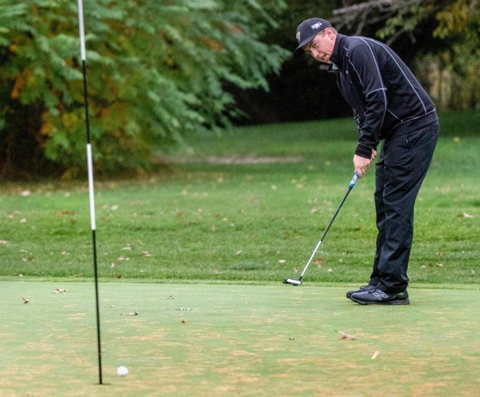 Springfield Sacred Heart-Griffin's Tyler Furkin putts on No. 1 during the Class 2A Richwoods Sectional golf championship Monday, Oct. 12, 2020 at Kellogg Golf Course in Peoria.