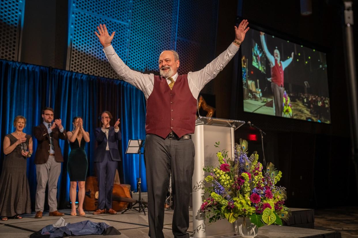 Sam Skillern celebrates being selected First Citizen by the Salem Area Chamber of Commerce on April 13 at the Salem Convention Center.