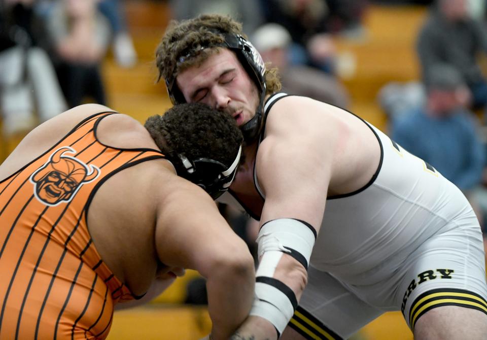 Perry’s Aidan Fockler competes with Hoover’s Evhan Bell in a 285 pound second round in the Division I OHSWCA District Duals at Perry High School. Saturday, February 03, 2024.