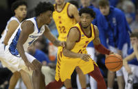 Creighton's Shereef Mitchell (4) guards against Iowa State's Tyrese Hunter (11) during the first half of an NCAA college basketball game Saturday, Dec. 4, 2021, at CHI Health Center in Omaha, Neb. (AP Photo/Rebecca S. Gratz)