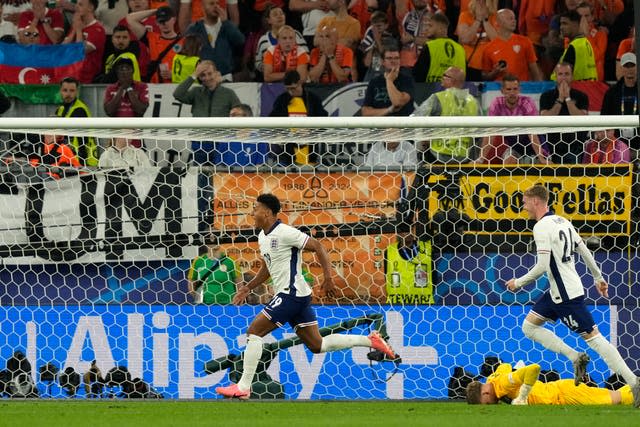 England’s Ollie Watkins celebrates with Cole Palmer (right) after scoring the winner against the Netherlands