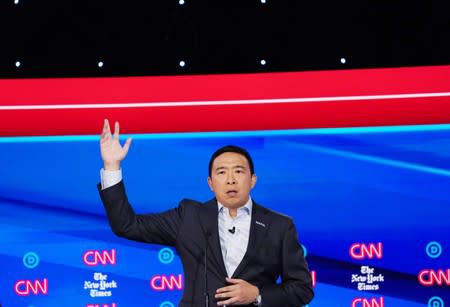 Democratic presidential candidate entrepreneur Andrew Yang speaks during the fourth U.S. Democratic presidential candidates 2020 election debate at Otterbein University in Westerville, Ohio U.S.