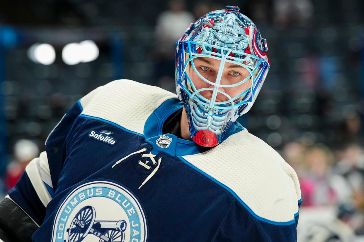 Apr 16, 2024; Columbus, Ohio, USA; Columbus Blue Jackets goaltender Elvis Merzlikins (90) skates during warm ups prior to the NHL hockey game against the Carolina Hurricanes at Nationwide Arena.