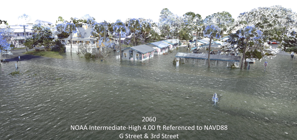Projection of what G Steet and 3rd Street in Cedar Key could look like with the NOAA Intermediate-High projection of sea level rise in 2060.