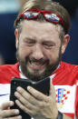 <p>A Croatia fan reacts after Croatia’s victory in the quarterfinal match between Russia and Croatia at the 2018 soccer World Cup in the Fisht Stadium, in Sochi, Russia, Saturday, July 7, 2018. (AP Photo/Darko Bandic) </p>