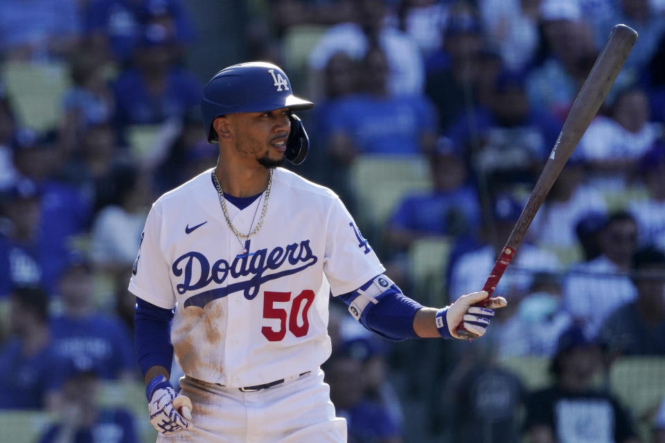 Los Angeles Dodgers' Mookie Betts bats during the fourth inning of a baseball game against the Chicago Cubs Sunday, June 27, 2021, in Los Angeles. (AP Photo/Mark J. Terrill)