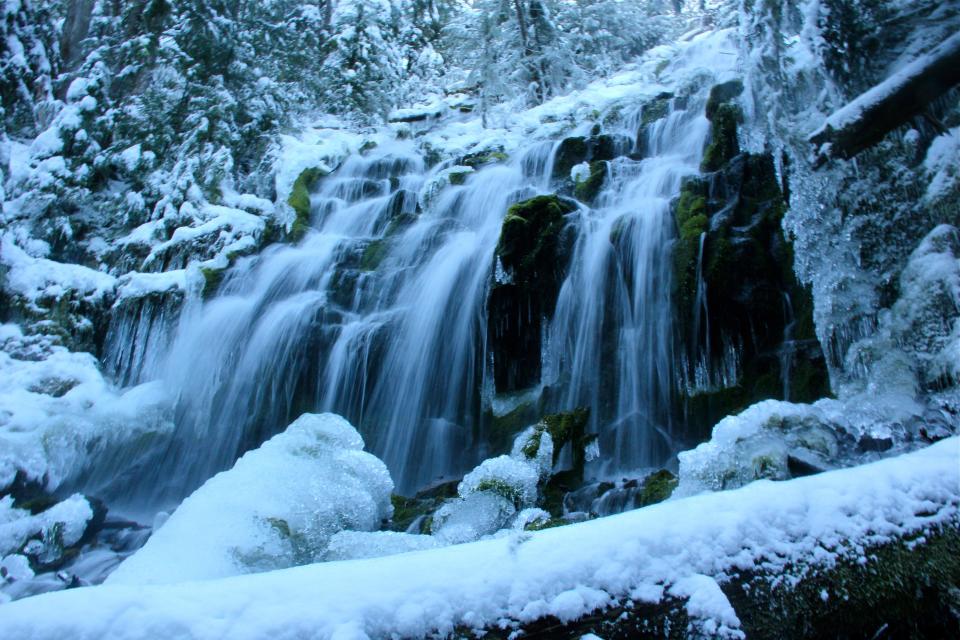 Upper Proxy Falls, located near Mckenzie Pass east of Eugene, can be visited during winter with a long snowshoe or ski trip.
