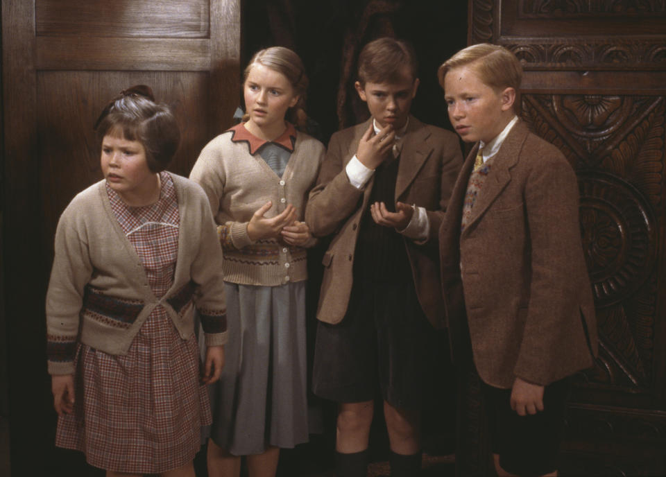 Actors (L-R) Sophie Wilcox, Sophie Cook, Richard Dempsey and Jonathan R. Scott in a scene from 'The Lion, the Witch and the Wardrobe', part of the BBC television serial 'The Chronicles of Narnia', April 21st 1988. (Photo by Don Smith/Radio Times/Getty Images)