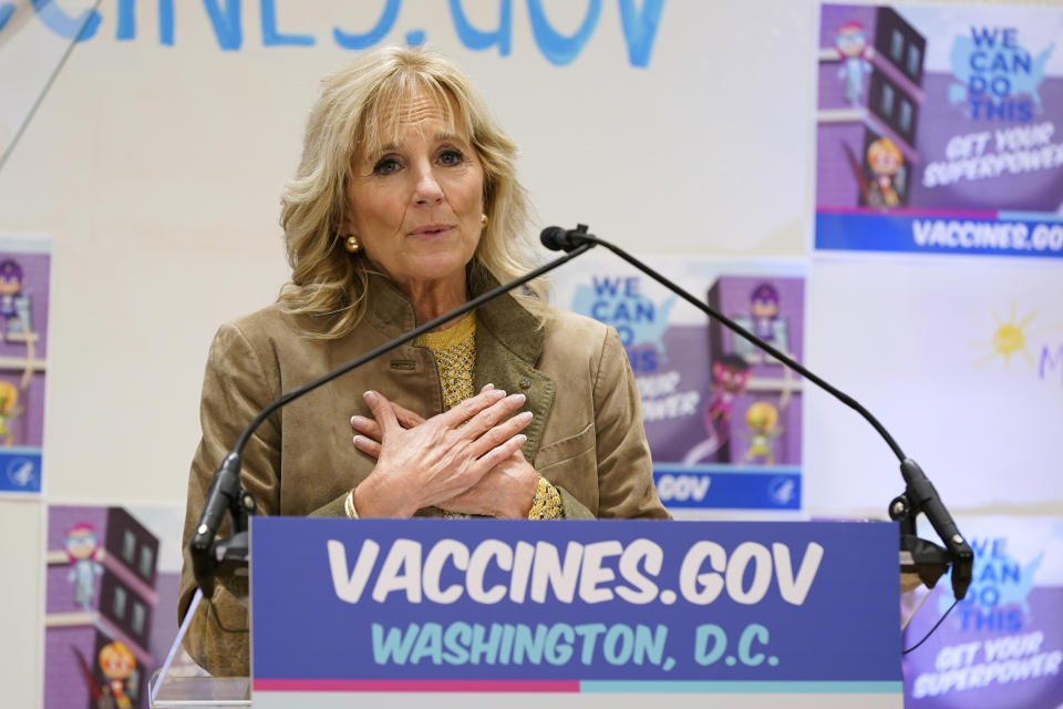 First lady Jill Biden speaks during a visit to a pediatric COVID-19 vaccination clinic at Children's National Hospital's THEARC, Wednesday, Nov. 17, 2021, in Washington. (AP Photo/Patrick Semansky)