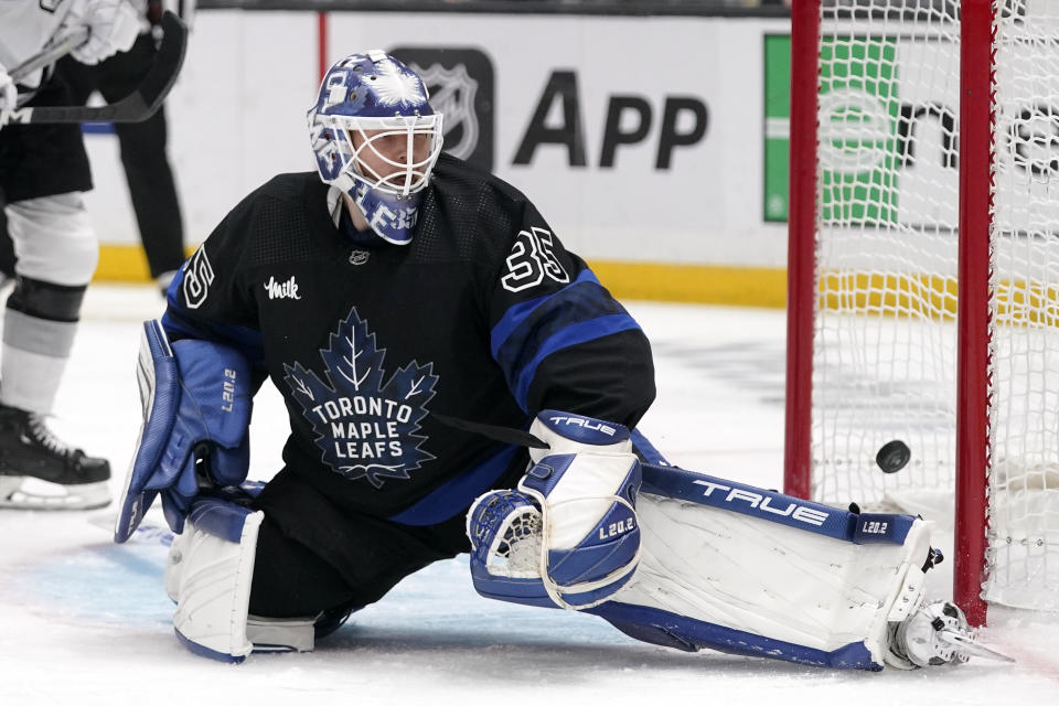 Toronto Maple Leafs goaltender Ilya Samsonov is scored on by Los Angeles Kings center Adrian Kempe during the second period of an NHL hockey game Saturday, Oct. 29, 2022, in Los Angeles. (AP Photo/Mark J. Terrill)
