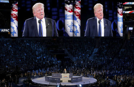 Republican U.S. presidential candidate Donald Trump addresses the American Israel Public Affairs Committee (AIPAC) afternoon general session in Washington March 21, 2016. REUTERS/Joshua Roberts/File Photo