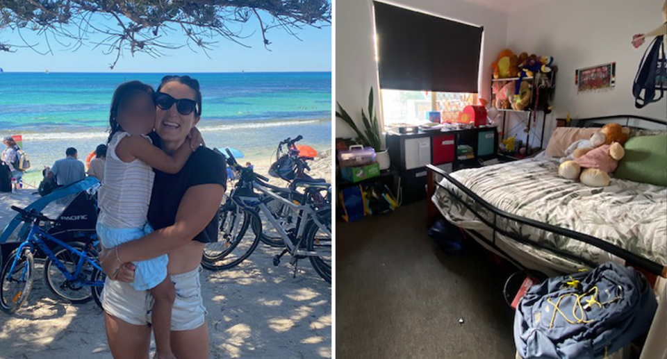 Left, Amee Triscari and her daughter at the beach. Right, the room where the pair live during the cost of living crisis. 