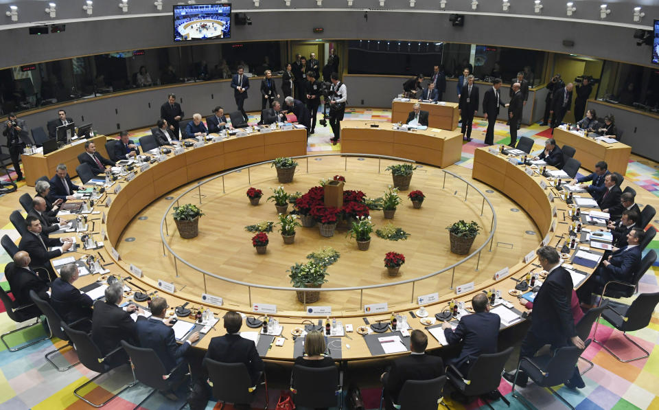 European Union leaders attend a round table meeting at an EU summit in Brussels, Thursday, Dec. 13, 2018. EU leaders gathered Thursday for a two-day summit which will center on the Brexit negotiations. (Piroschka van de Wouw, Pool Photo via AP)