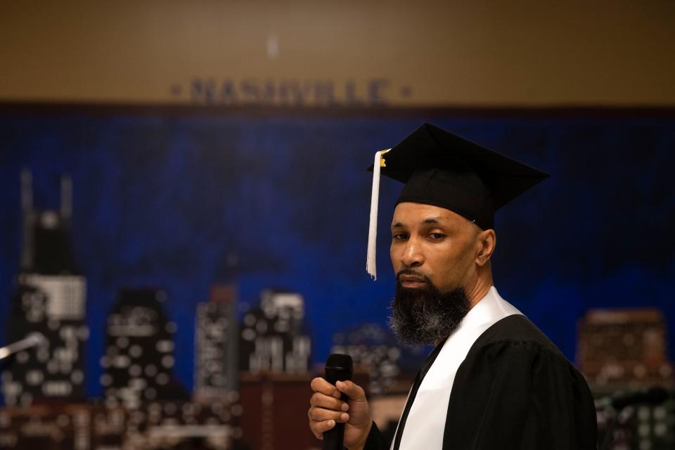 Marcus Boatwright speaks during a graduation ceremony from an addiction program at Trousdale Turner Correctional Center in Trousdale County, Tenn., Friday, May 10, 2024.