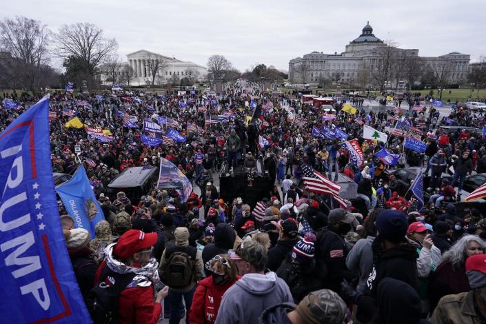 <span class="caption">Protesters gather near the Capitol and halt a joint session of the 117th Congress on Jan. 6, 2021, in Washington, D.C.</span> <span class="attribution"><a class="link " href="https://www.gettyimages.com/detail/news-photo/protesters-gather-storm-the-capitol-and-halt-a-joint-news-photo/1230458732?adppopup=true" rel="nofollow noopener" target="_blank" data-ylk="slk:Kent Nishimura / Los Angeles Times via Getty Images">Kent Nishimura / Los Angeles Times via Getty Images</a></span>