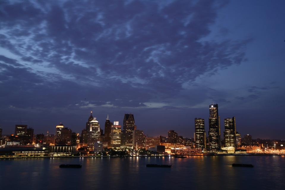 The Detroit skyline photographed from the roof of the Windsor Hilton.