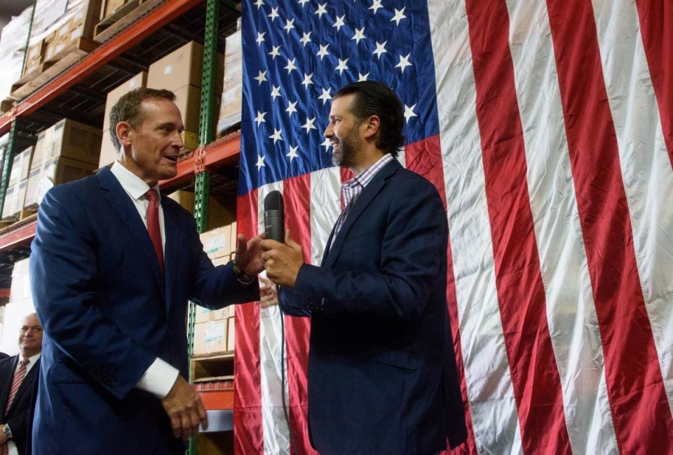 Republican candidate Ted Budd greets Donald Trump Jr as he campaigns for Senate In North Carolina (Getty Images)