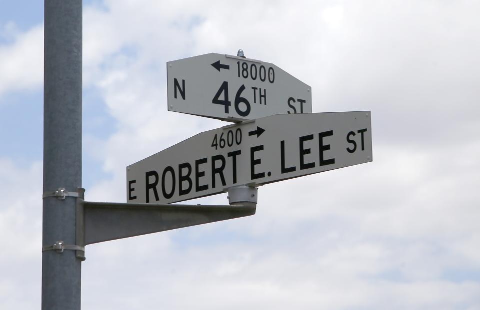 Phoenix officials are set to begin the process of changing the names of two streets, voting to rename Squaw Peak Drive and Robert E. Lee Street, shown here on Thursday, July 2, 2020, in Phoenix. (AP Photo/Ross D. Franklin)