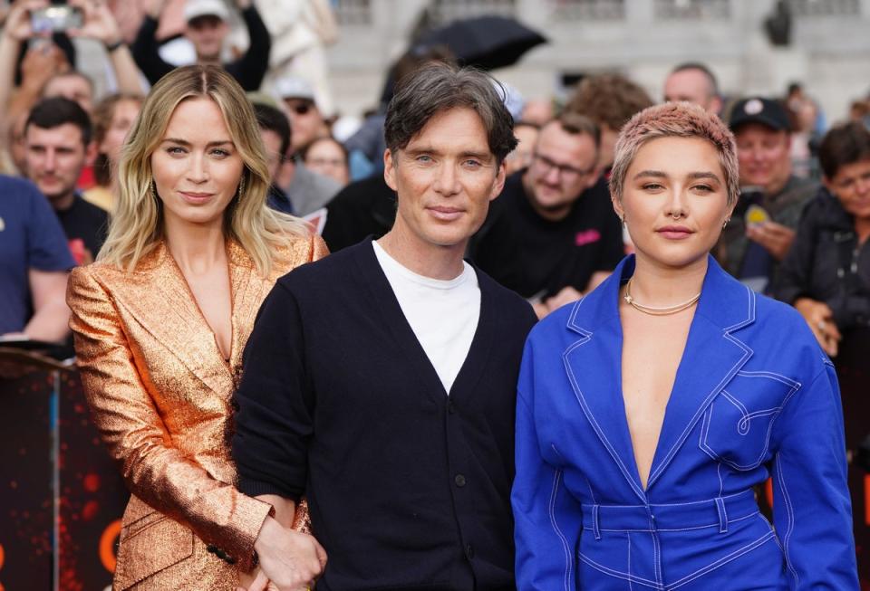 Emily Blunt, Cillian Murphy and Florence Pugh, arriving for the photo call for Oppenheimer at Trafalgar Square in London. (PA)