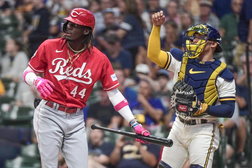 Reds rookie Elly De La Cruz strikes out in the first inning Wednesday, one of his three -- and the Reds' 18th -- in the loss at Milwaukee.