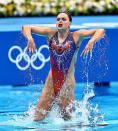 <p>TOKYO, JAPAN - AUGUST 03: Kate Shortman and Isabelle Thorpe of Team Great Britain compete in the Artistic Swimming Duet Technical Routine on day eleven of the Tokyo 2020 Olympic Games at Tokyo Aquatics Centre on August 03, 2021 in Tokyo, Japan. (Photo by Wang Xianmin/CHINASPORTS/VCG via Getty Images)</p> 