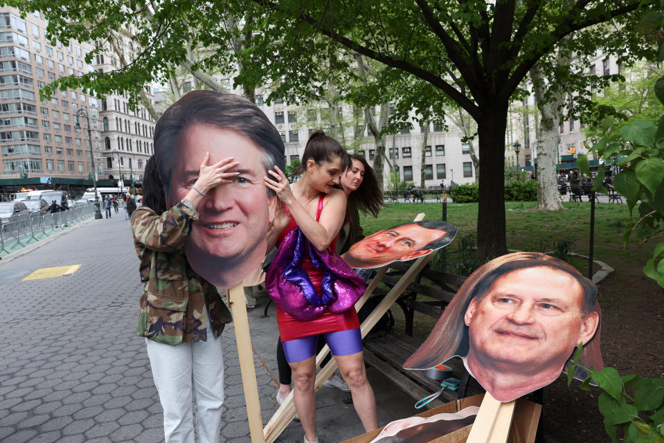 Supporters of Abortion Access Front before a protest in Manhattan on May 3, the day after an early draft of the Supreme Court opinion was made public<span class="copyright">Caitlin Ochs—The New York Times/Redux</span>