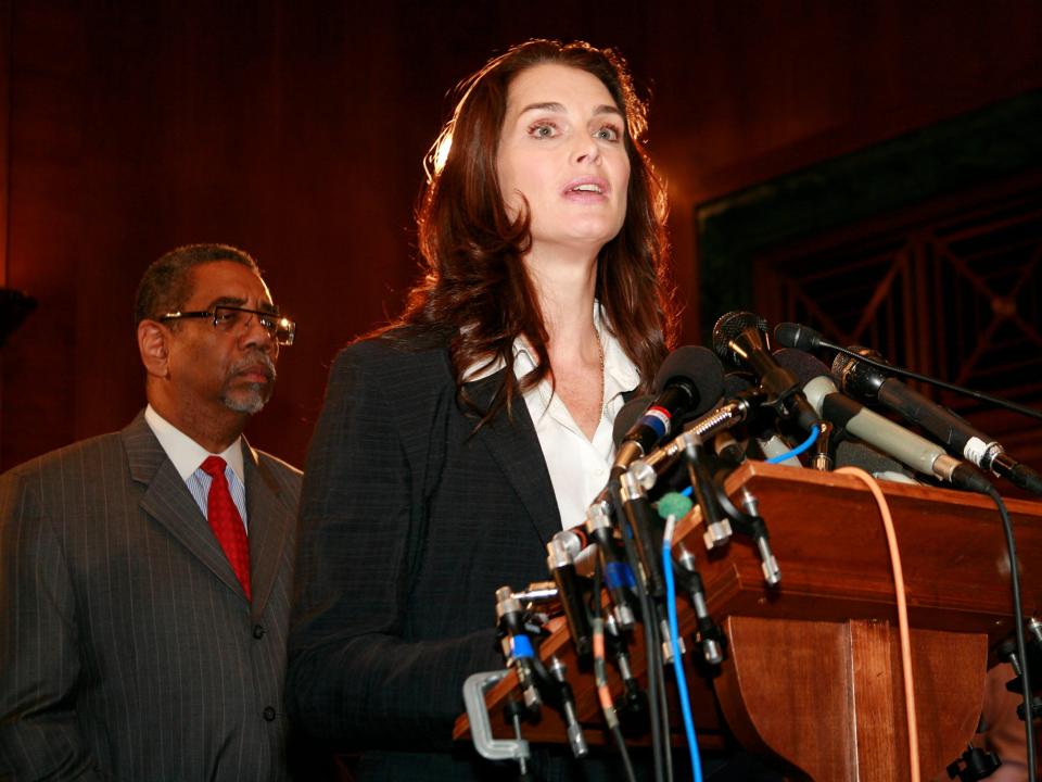 Brooke Shields talks about her battle with postpartum depression on Capitol Hill May 11, 2007.