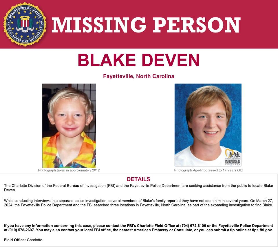 The FBI released a missing person poster Thursday, April 4, 2024, for Fayetteville teen Blake Deven, 17, who was last seen by family in 2022.