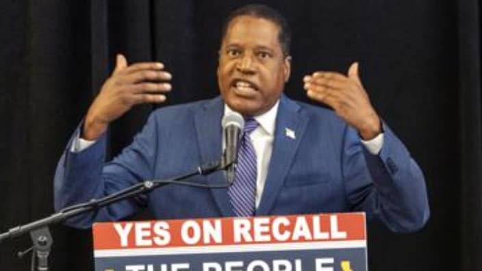 Republican conservative radio talk show host Larry Elder, who’s running to replace Democratic Gov. <span class="caas-xray-inline-tooltip"><span class="caas-xray-inline caas-xray-entity caas-xray-pill rapid-nonanchor-lt" data-entity-id="Gavin_Newsom" data-ylk="cid:Gavin_Newsom;pos:2;elmt:wiki;sec:pill-inline-entity;elm:pill-inline-text;itc:1;cat:Politician;" tabindex="0" aria-haspopup="dialog"><a href="https://search.yahoo.com/search?p=Gavin%20Newsom" data-i13n="cid:Gavin_Newsom;pos:2;elmt:wiki;sec:pill-inline-entity;elm:pill-inline-text;itc:1;cat:Politician;" tabindex="-1" data-ylk="slk:Gavin Newsom;cid:Gavin_Newsom;pos:2;elmt:wiki;sec:pill-inline-entity;elm:pill-inline-text;itc:1;cat:Politician;" class="link ">Gavin Newsom</a></span></span> in Tuesday’s recall election, speaking Sunday at the Luxe Hotel Sunset Boulevard in Los Angeles. (Photo: Damian Dovarganes/AP)