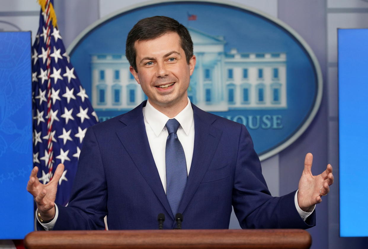U.S. Secretary of Transportation Pete Buttigieg speaks during a press briefing at the White House in Washington, U.S., April 9, 2021. (Kevin Lamarque/Reuters)