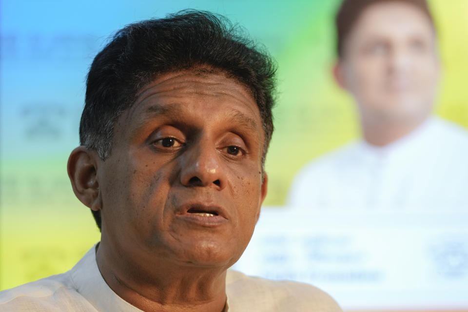 Opposition leader and the presidential candidate of United People's Power Sajith Premadasa speaks during an interview with The Associated Press in Colombo, Sri Lanka, Thursday, Sept. 12, 2024. (AP Photo/Eranga Jayawardena)