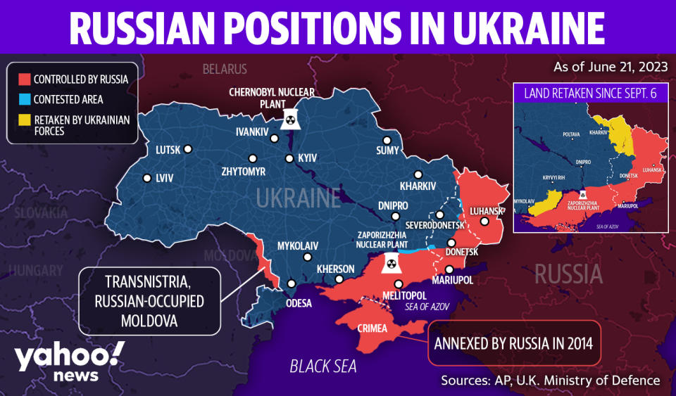A map of Ukraine shows areas of the country where Russian and Ukrainian forces continue to battle. (Yahoo News)