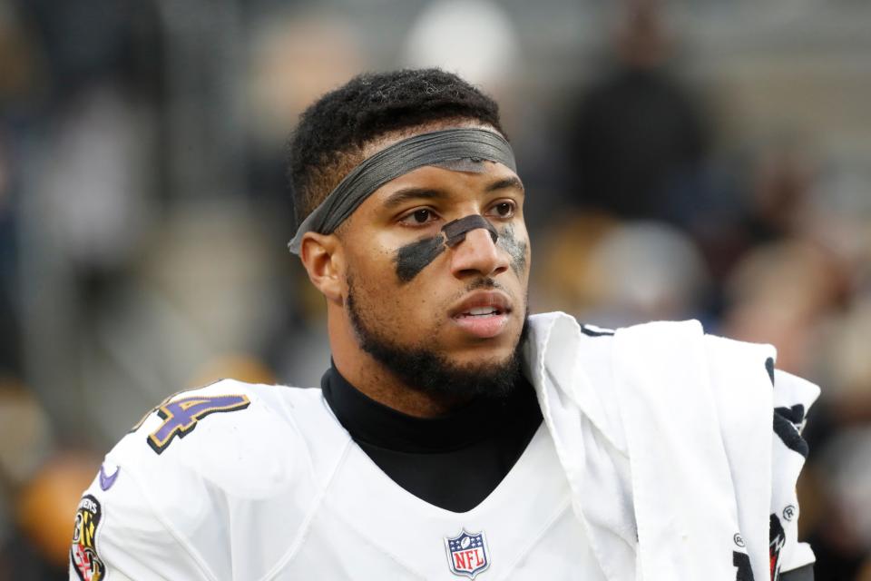 Baltimore Ravens cornerback Marlon Humphrey (44) looks on from the sidelines against the Pittsburgh Steelers during the fourth quarter at Acrisure Stadium.