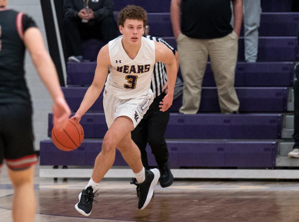 Upper Moreland's Colson Campbell (3) dribbles upcourt against William Tennent during a boys’ basketball game in Willow Grove on Thursday, Dec. 7, 2023.

[Daniella Heminghaus | Bucks County Courier Times]