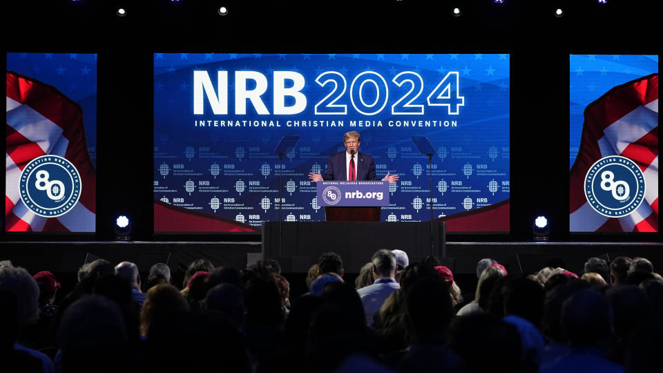 Republican presidential candidate former President Donald Trump speaks at the National Religious Broadcasters convention at the Gaylord Opryland Resort and Convention Center Thursday, Feb. 22, 2024, in Nashville, Tenn. (AP Photo/George Walker IV)