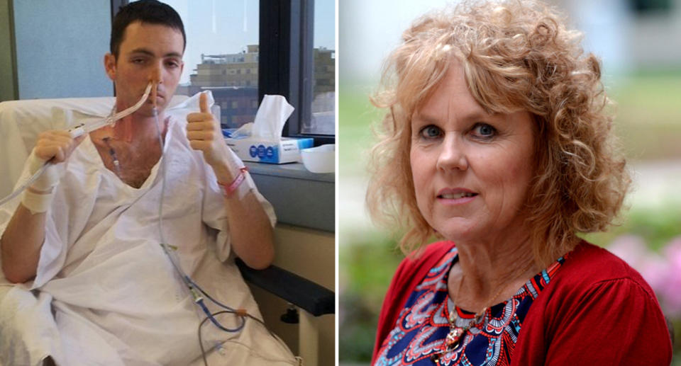 Dan in hospital (left) and mum Lucy Haslam. 