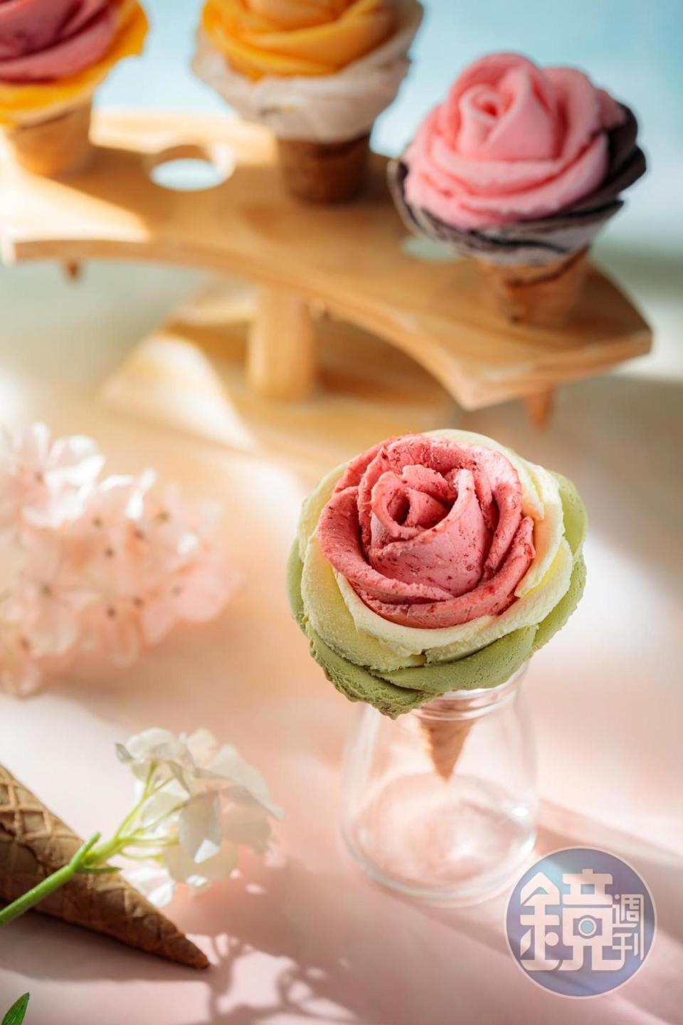 造型吸睛的「玫瑰冰淇淋」最多可一次嘗到3種口味。（130～150元／支）