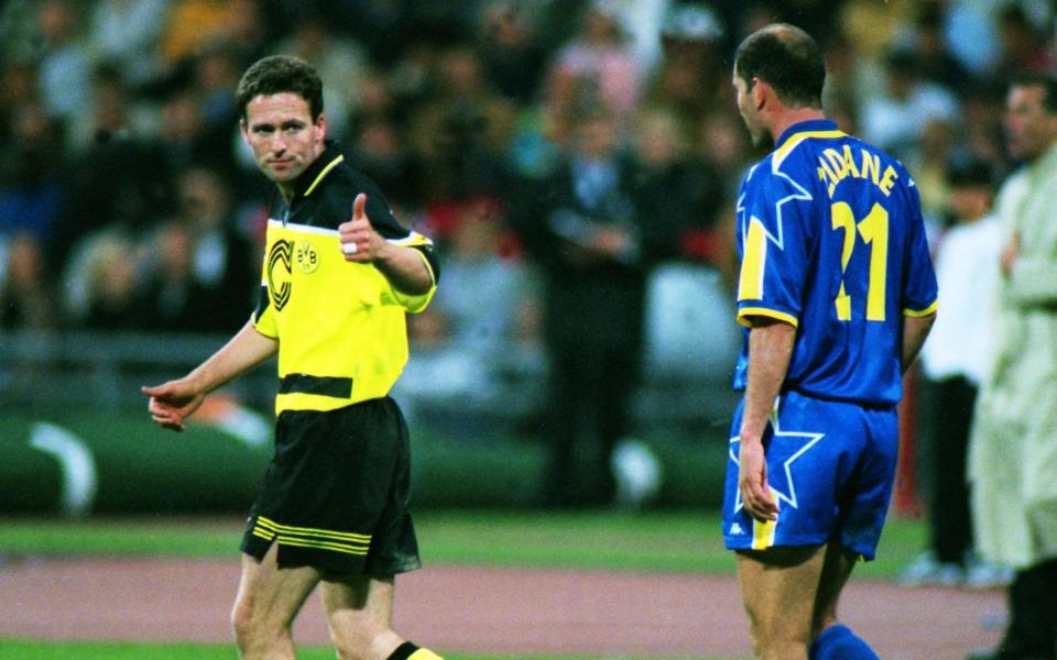 Paul Lambert with Zinedine Zidane/Paul Lambert was tasked with keeping an eye on Juventus' Zinedine Zidane during the 1997 final