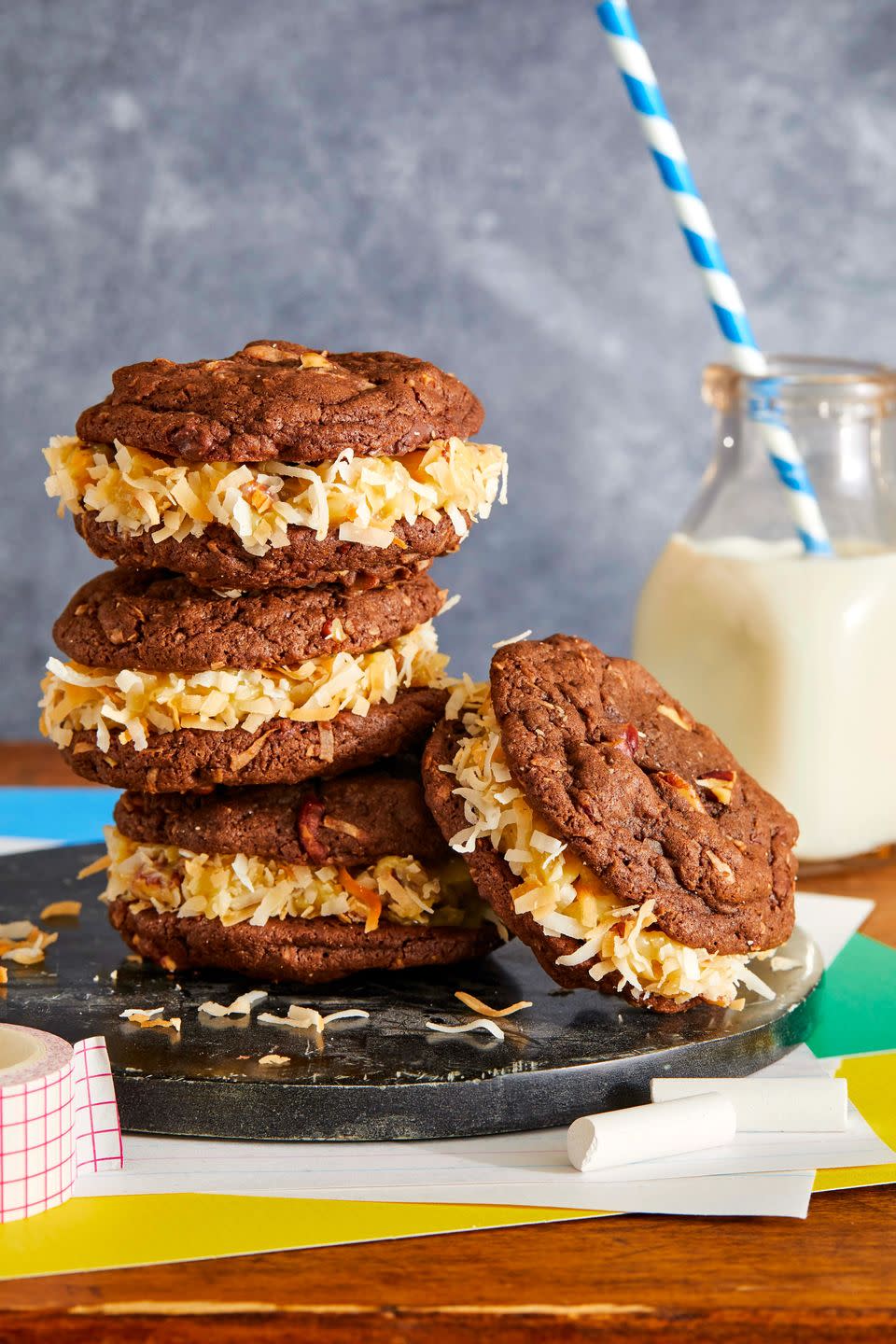 german chocolate sandwich cookies stacked on a plate