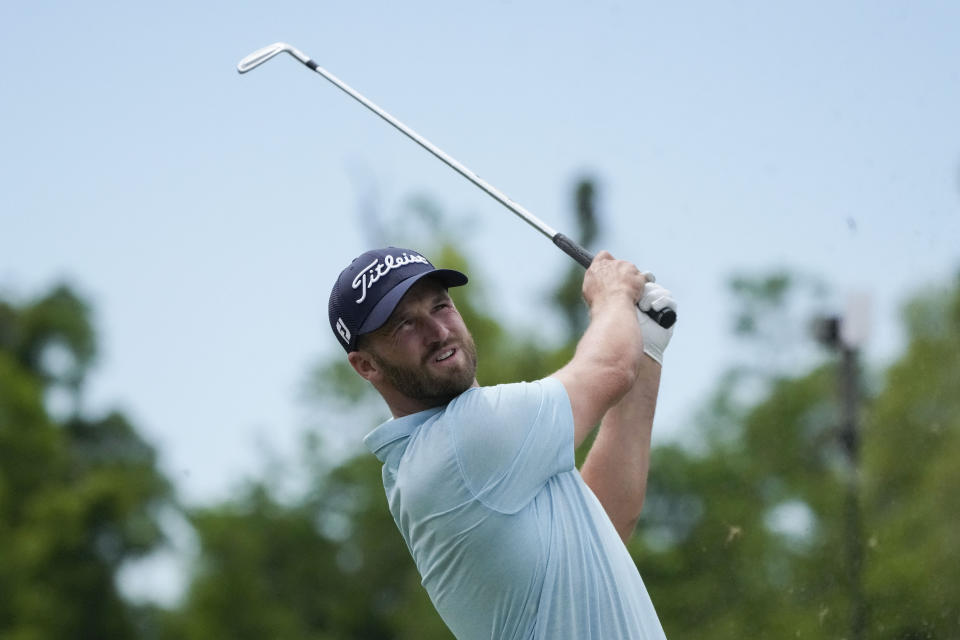 Wyndham Clark hits off the 9th tee during the second round of the PGA Zurich Classic golf tournament at TPC Louisiana in Avondale, La., Friday, April 21, 2023. (AP Photo/Gerald Herbert)