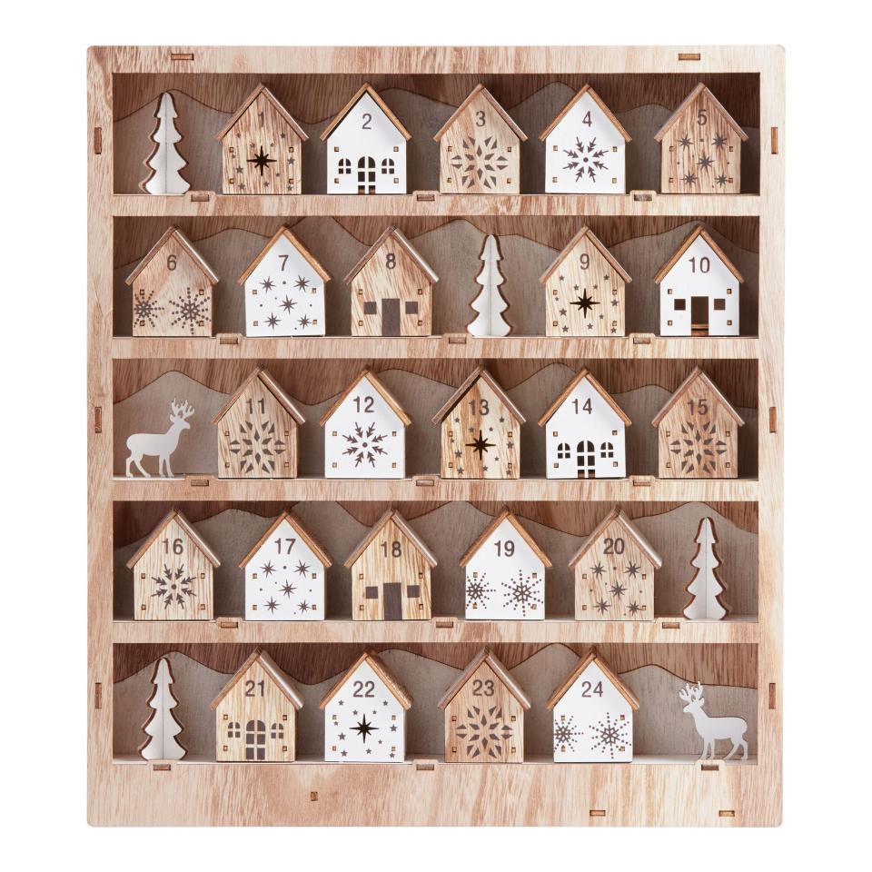 Laser Cut Wood Snowy Houses LED Light Up Advent Calendar | World Market