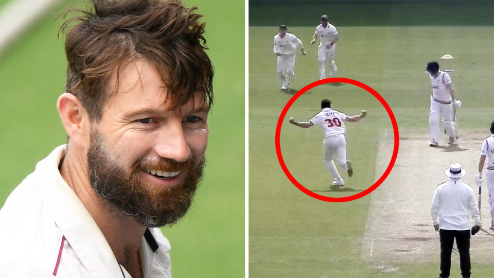 Michael Neser is pictured left, and on the right is highlighted celebrating his hat-trick wicket.