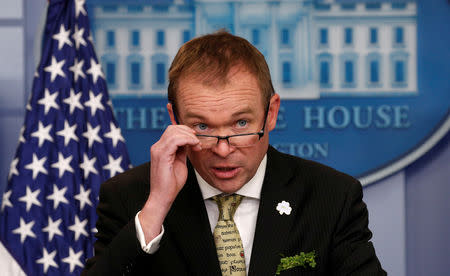 FILE PHOTO: White House Office of Management and Budget Director Mick Mulvaney speaks about of U.S. President Donald Trump's budget in the briefing room of the White House in Washington, U.S., March 16, 2017. REUTERS/Kevin Lamarque/File Photo